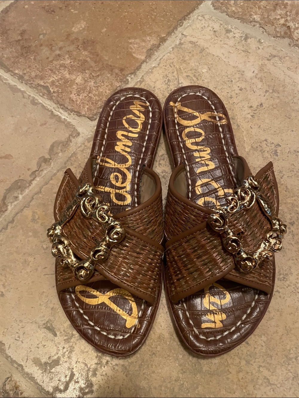 Sam Edelman Brown Gracyn Slide Sandals with Gold Detail resort wear